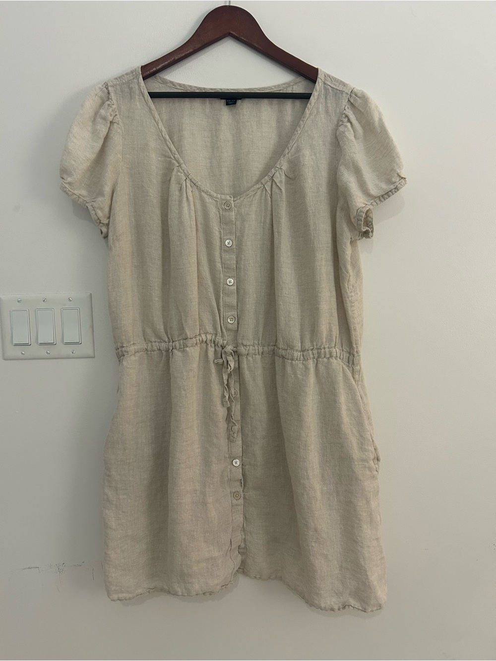 Lands’ End 100% Linen Dress 1X Beige Coastal Cottagecore Drawstring Pockets
